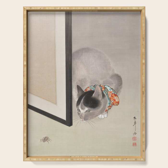 Cat Watching a Spider Japanese Painting Serving Tray Gallery Image 1