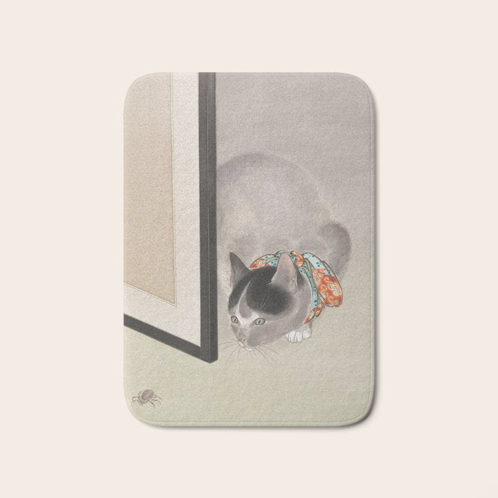 Cat Watching a Spider Japanese Painting Bath Mat Gallery Image 1