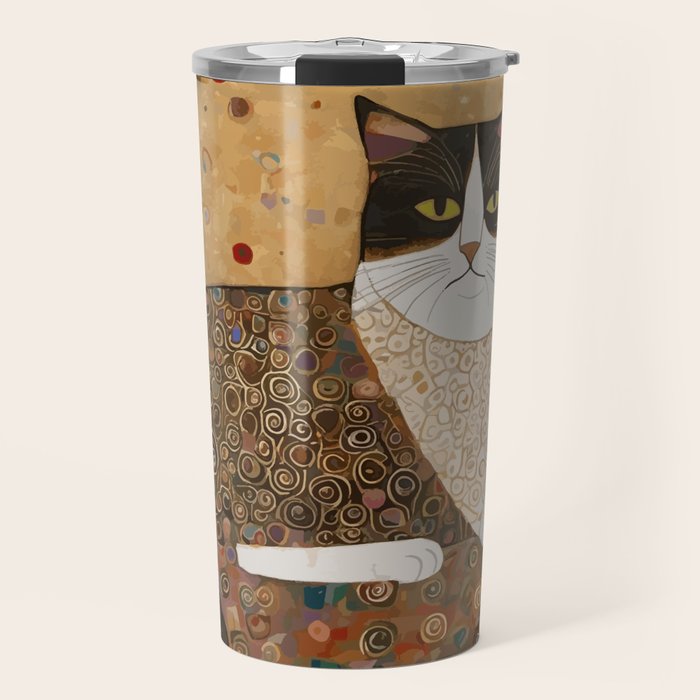Klimt Cat with Ivory Scarf Travel Mug Gallery Image 1