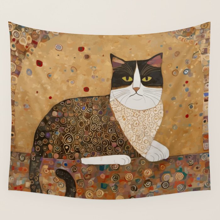 Klimt Cat with Ivory Scarf Wall Tapestry Gallery Image 1