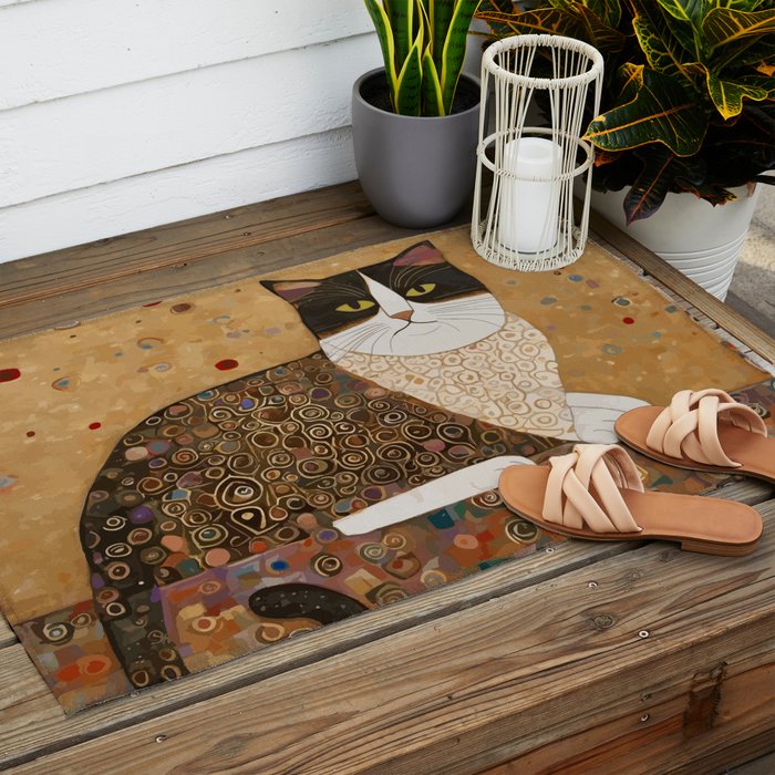 Klimt Cat with Ivory Scarf Outdoor Rug Gallery Image 2