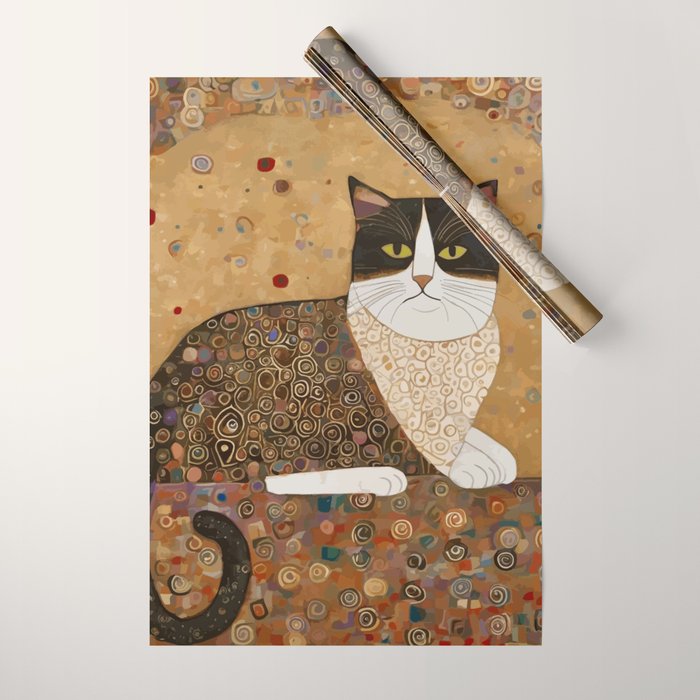 Klimt Cat with Ivory Scarf Wrapping Paper Gallery Image 1