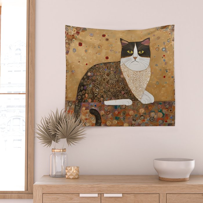 Klimt Cat with Ivory Scarf Wall Tapestry Gallery Image 2