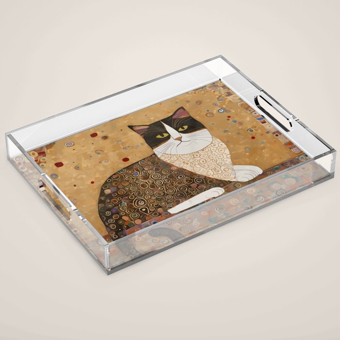 Klimt Cat with Ivory Scarf Acrylic Tray Gallery Image 1
