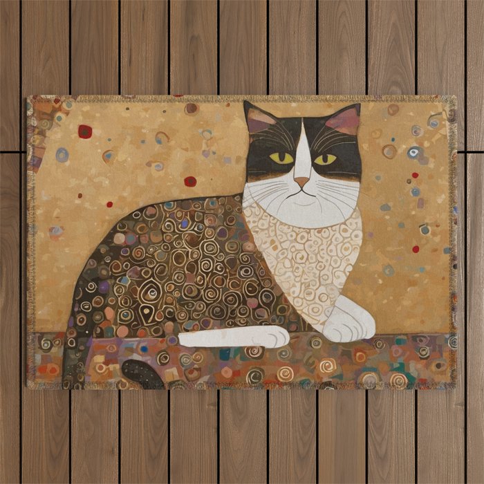 Klimt Cat with Ivory Scarf Outdoor Rug Gallery Image 1