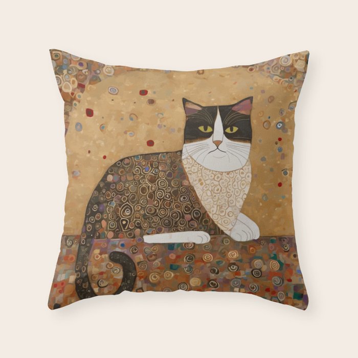 Klimt Cat with Ivory Scarf Throw Pillow Gallery Image 1
