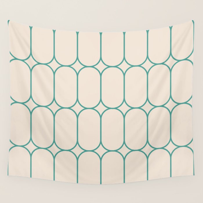 Mod Pods Geometric Pattern in Vintage Beige and Teal Wall Tapestry Gallery Image 4