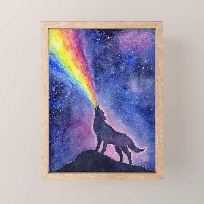 Galaxy Wolf Howling Rainbow Mini Art Print Gallery Image 1