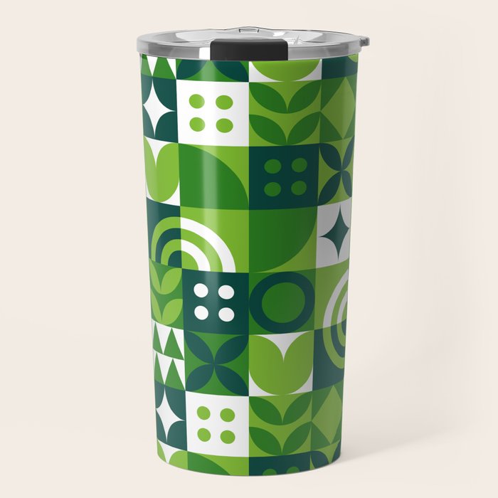Green eco friendly nature geometric mosaic pattern Travel Mug Gallery Image 1