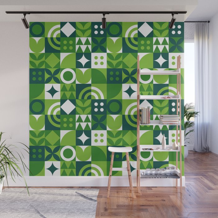 Green eco friendly nature geometric mosaic pattern Wall Mural Gallery Image 1