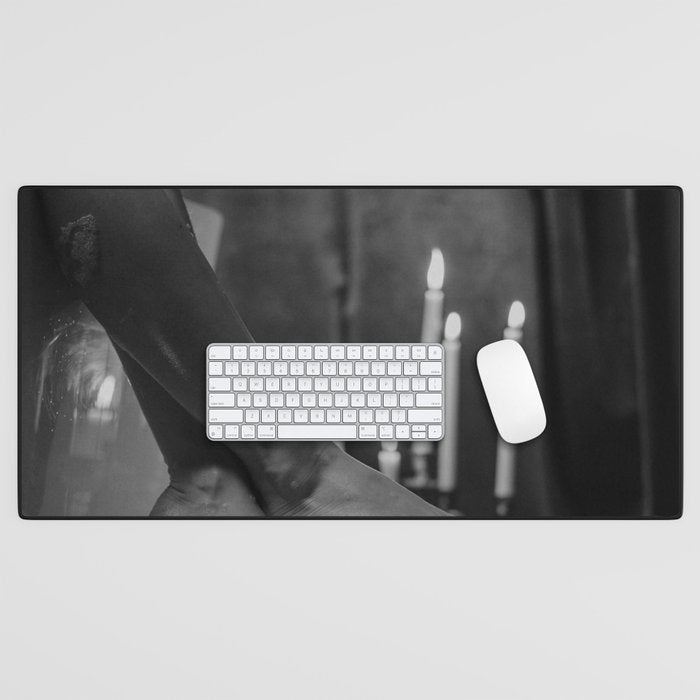Let it all hang out; female portrait with candles in the bathtub black and white photograph - photography - photographs Desk Mat Gallery Image 1