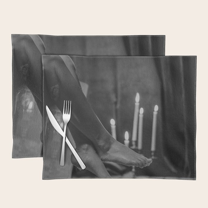 Let it all hang out; female portrait with candles in the bathtub black and white photograph - photography - photographs Placemat Gallery Image 1
