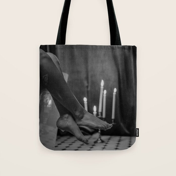 Let it all hang out; female portrait with candles in the bathtub black and white photograph - photography - photographs Tote Bag Gallery Image 1