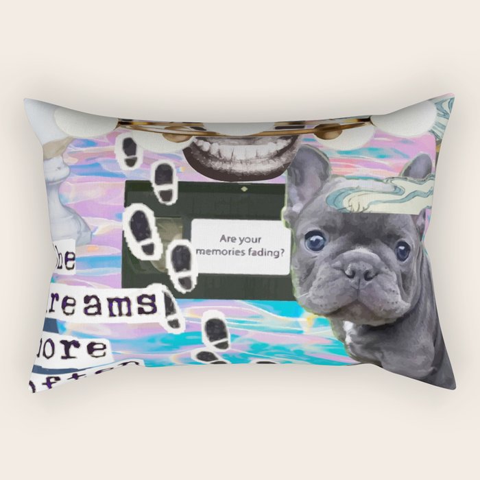 She Dreams More Often Than She Sleeps, Collage French Bull Dog Pet Animal Victorian Eclectic Bohemian, Vintage Interiors 70s People Rainbow, Quirky Strange Weird Digital Mix Painting Rectangular Pillow Gallery Image 2