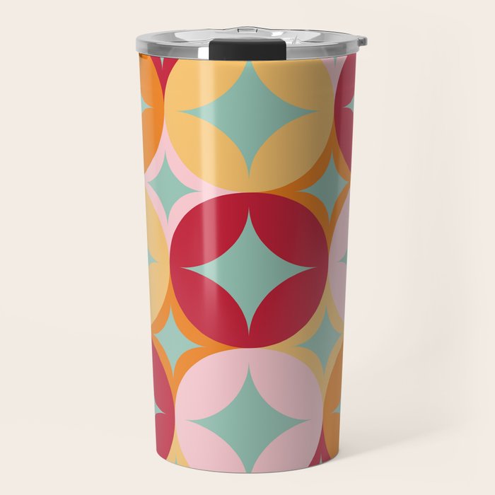 Merry and Bright, Christmas, Retro Art, Orange, Pink, Red, Yellow, Teal Travel Mug Gallery Image 1