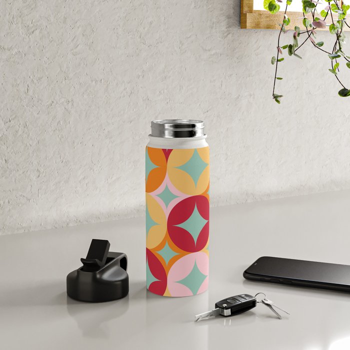 Merry and Bright, Christmas, Retro Art, Orange, Pink, Red, Yellow, Teal Water Bottle Gallery Image 4