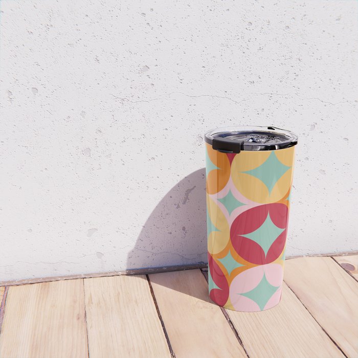 Merry and Bright, Christmas, Retro Art, Orange, Pink, Red, Yellow, Teal Travel Mug Gallery Image 4