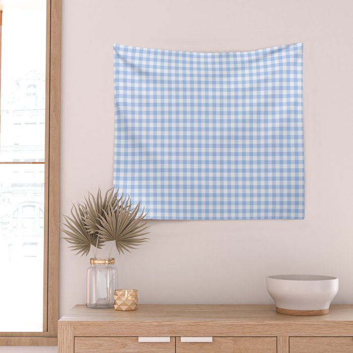 Gingham Plaid Pattern - Natural Sky Blue Wall Tapestry Gallery Image 2