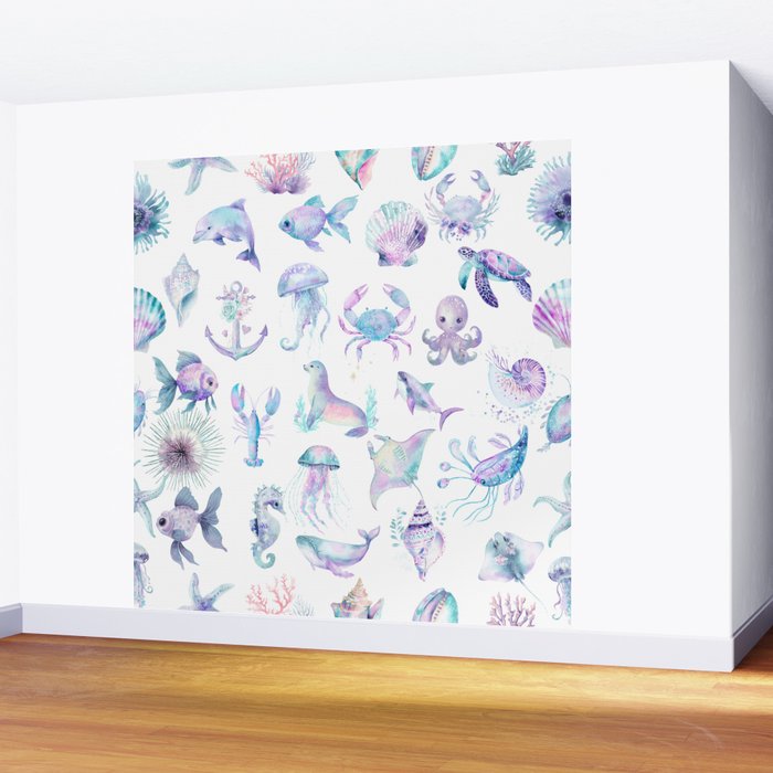 Colorful Water Colors Of Various Sea Animals Pattern Wall Mural Gallery Image 2