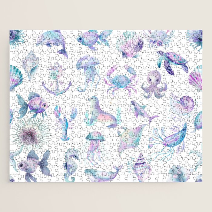 Colorful Water Colors Of Various Sea Animals Pattern Jigsaw Puzzle Gallery Image 1