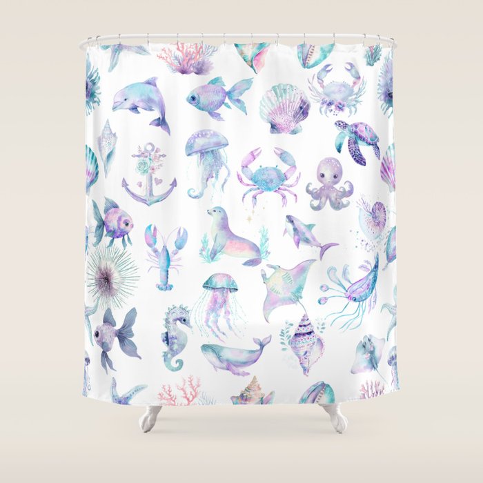 Colorful Water Colors Of Various Sea Animals Pattern Shower Curtain Gallery Image 1