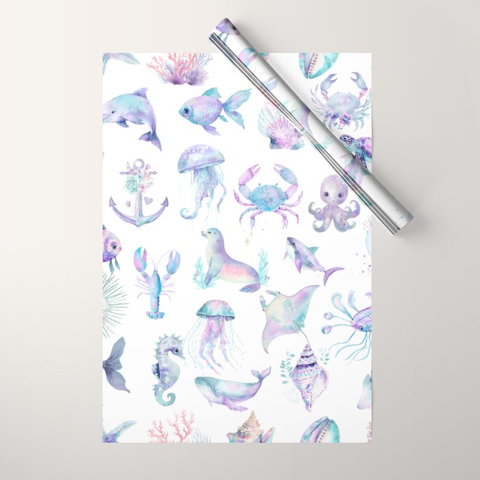 Colorful Water Colors Of Various Sea Animals Pattern Wrapping Paper Gallery Image 1