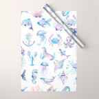 Colorful Water Colors Of Various Sea Animals Pattern Wrapping Paper Gallery Image 1