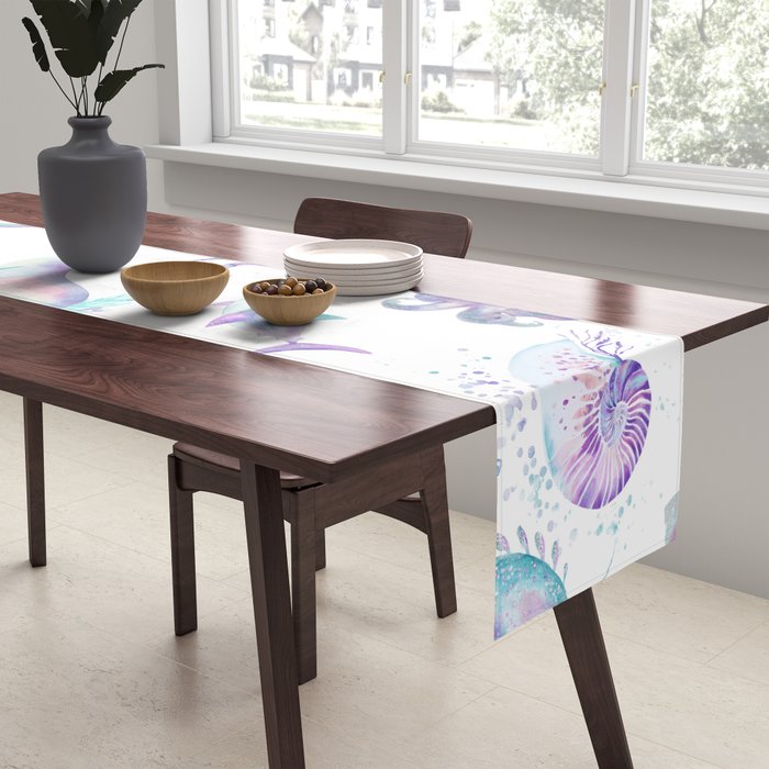 Colorful Water Colors Of Various Sea Animals Pattern Table Runner Gallery Image 2