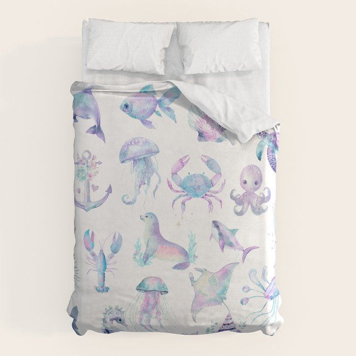 Colorful Water Colors Of Various Sea Animals Pattern Duvet Cover
