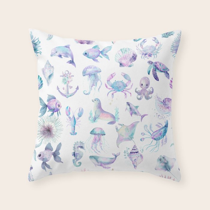 Colorful Water Colors Of Various Sea Animals Pattern Throw Pillow Gallery Image 1