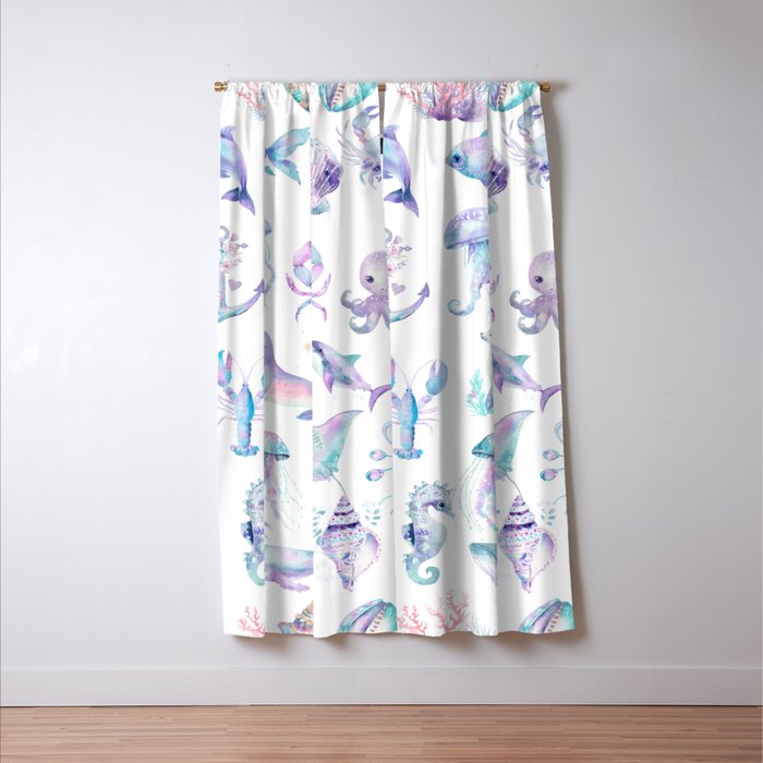 Colorful Water Colors Of Various Sea Animals Pattern Window Curtain Gallery Image 3