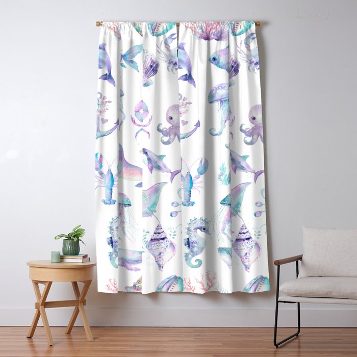 Colorful Water Colors Of Various Sea Animals Pattern Window Curtain Gallery Image 5