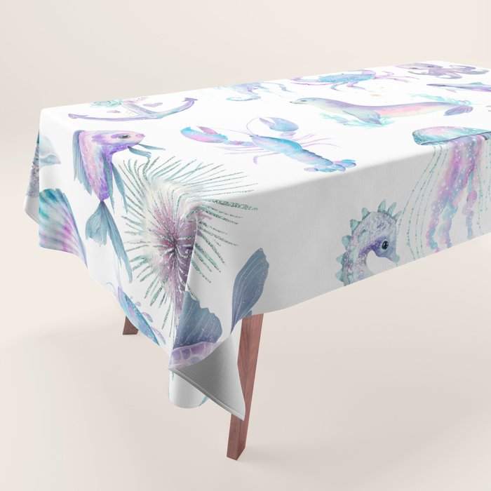 Colorful Water Colors Of Various Sea Animals Pattern Tablecloth Gallery Image 1