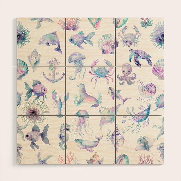 Colorful Water Colors Of Various Sea Animals Pattern Wood Wall Art Gallery Image 1