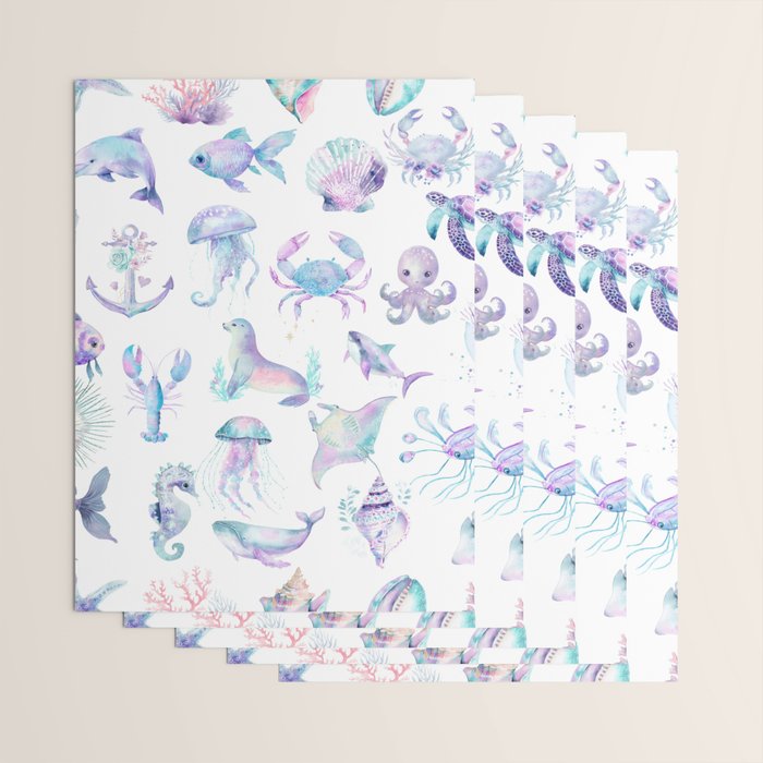 Colorful Water Colors Of Various Sea Animals Pattern Wrapping Paper Gallery Image 3