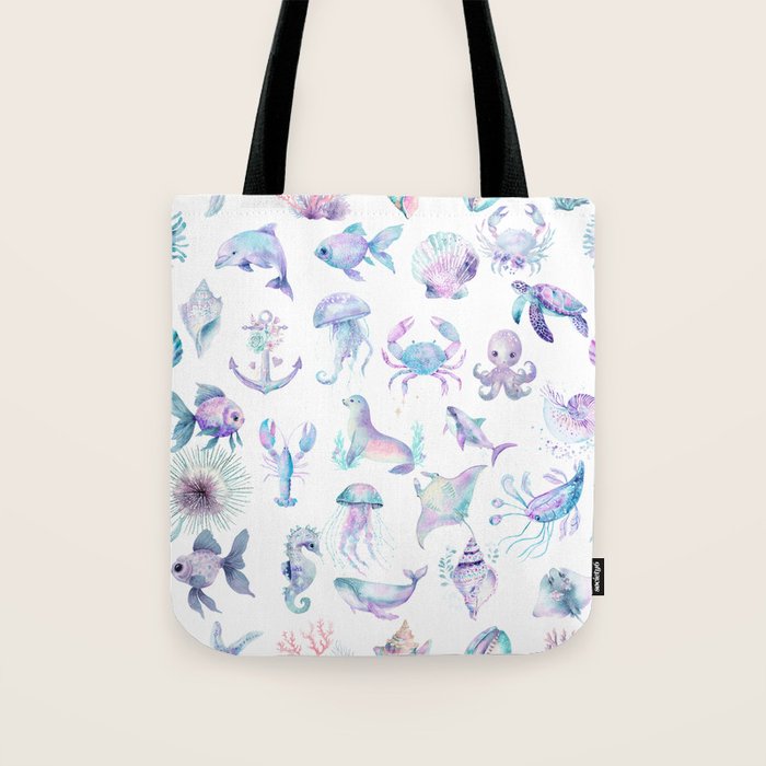 Colorful Water Colors Of Various Sea Animals Pattern Tote Bag Gallery Image 1
