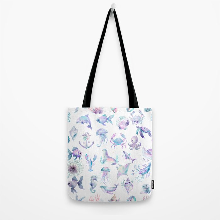 Colorful Water Colors Of Various Sea Animals Pattern Tote Bag Gallery Image 2