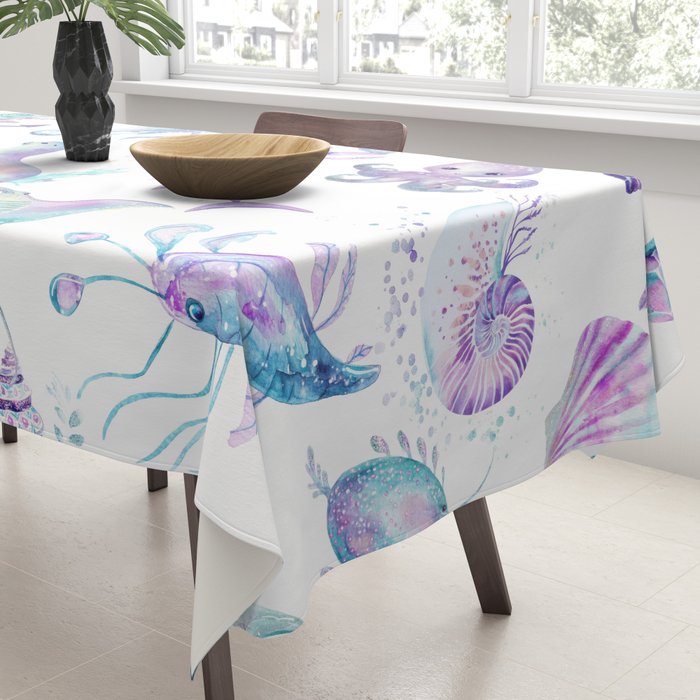 Colorful Water Colors Of Various Sea Animals Pattern Tablecloth Gallery Image 3