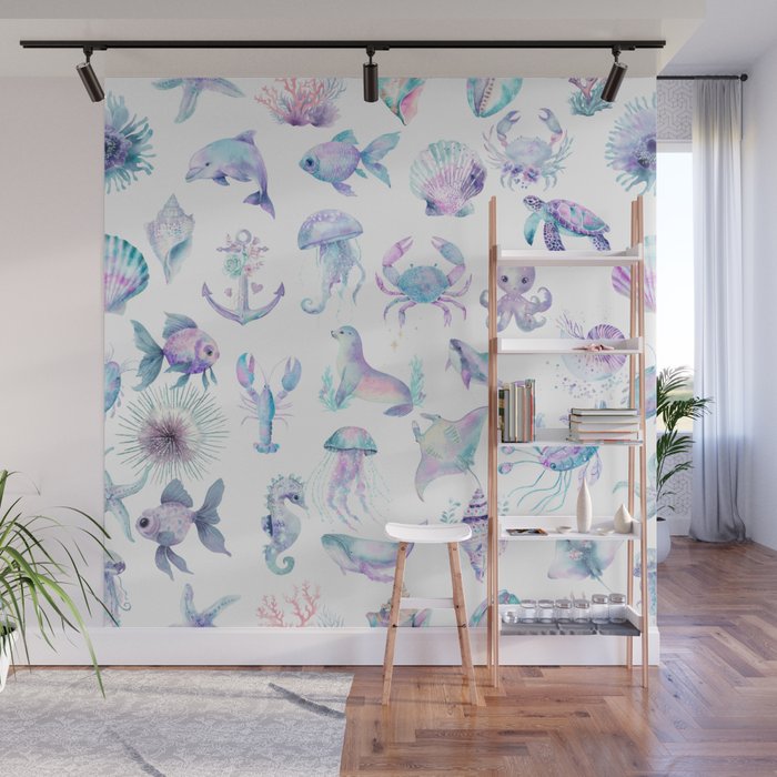 Colorful Water Colors Of Various Sea Animals Pattern Wall Mural Gallery Image 1