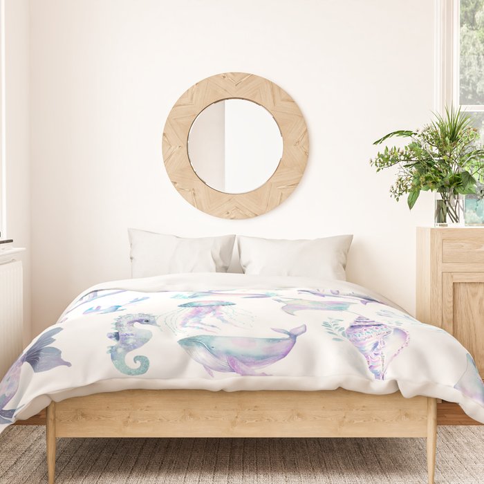 Colorful Water Colors Of Various Sea Animals Pattern Duvet Cover Gallery Image 3