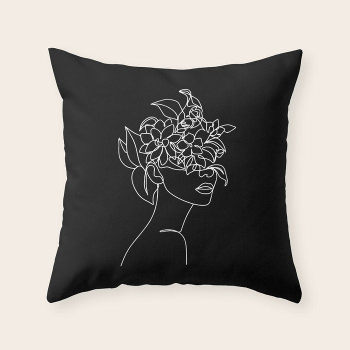 The Girl with the Flowers: Black & White Edition Throw Pillow Gallery Image 6