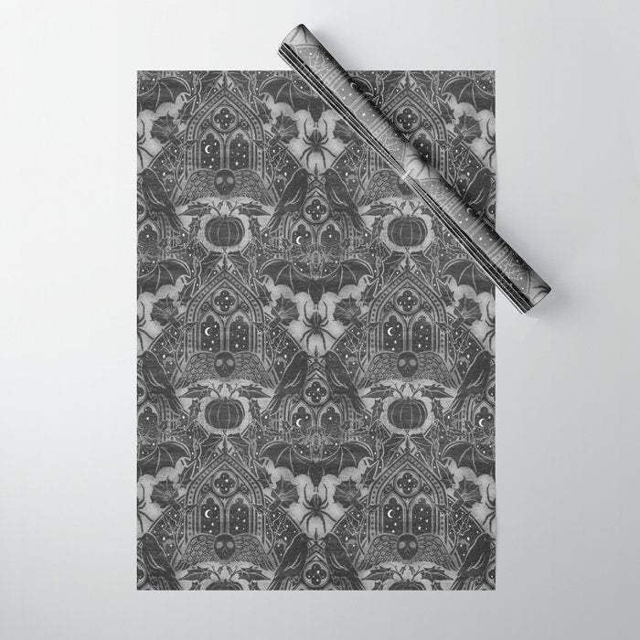 Gothic Halloween Damask - grayscale  Wrapping Paper Gallery Image 1