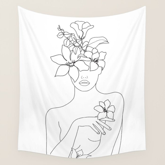 Minimal Line Art Woman with Flowers IV Wall Tapestry Gallery Image 1