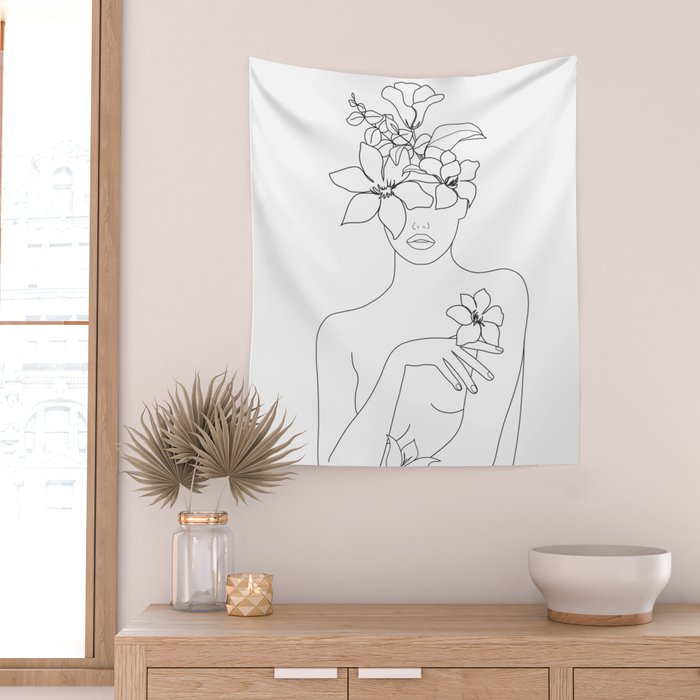 Minimal Line Art Woman with Flowers IV Wall Tapestry Gallery Image 2