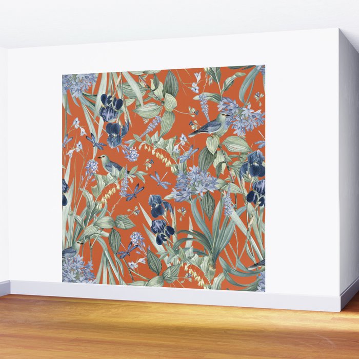 Exotic Wildlife Floral Garden on Orange Wall Mural Gallery Image 2