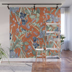Exotic Wildlife Floral Garden on Orange Wall Mural Gallery Image 1