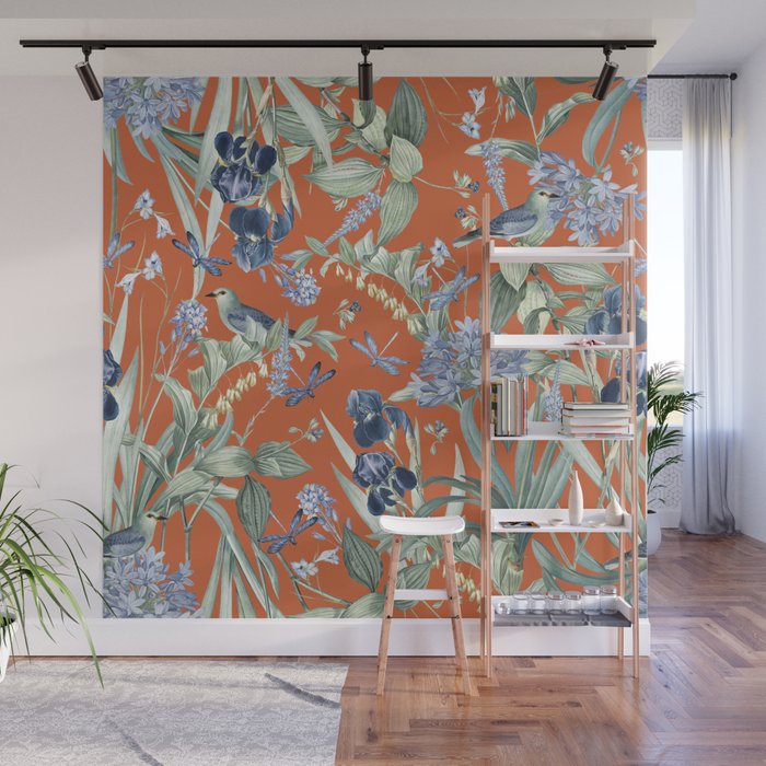 Exotic Wildlife Floral Garden on Orange Wall Mural Gallery Image 1