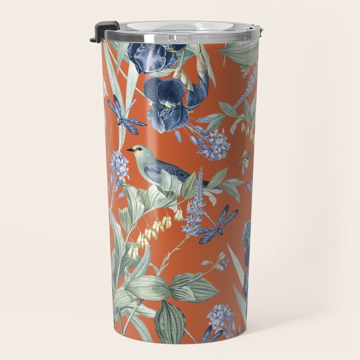 Exotic Wildlife Floral Garden on Orange Travel Mug Gallery Image 3