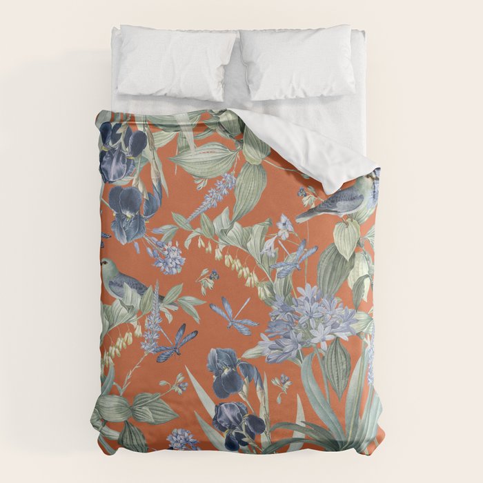 Exotic Wildlife Floral Garden on Orange Duvet Cover Gallery Image 1