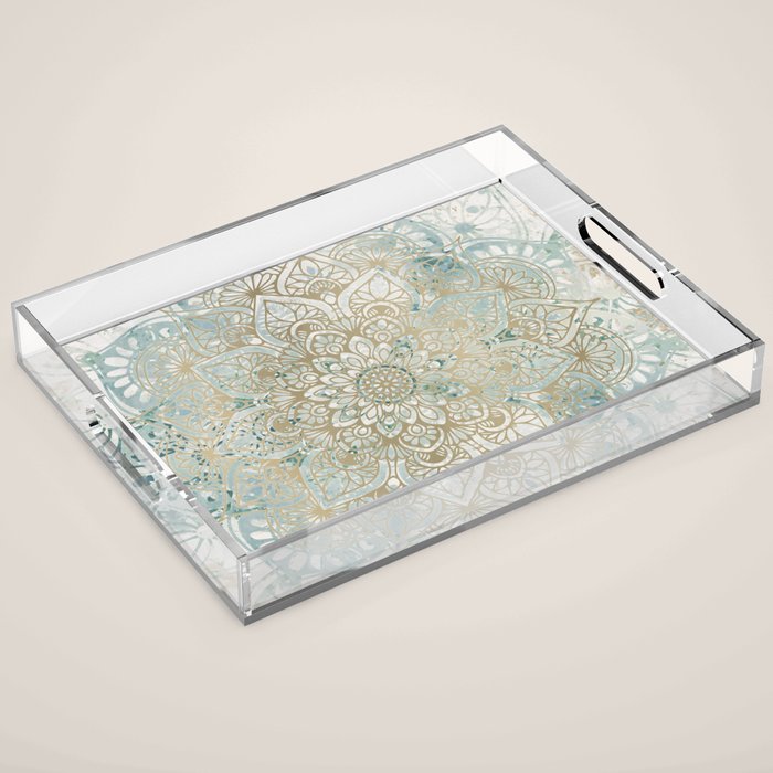 Yoga, Mandala, Teal and Gold, Wall Art Boho Acrylic Tray Gallery Image 1